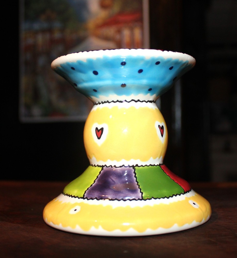 Studio Art Pottery Signed Jennifer Egan Pillar Candle Holder Handpainted