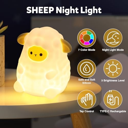 Cute Night Light for Kids, 7-Color Changing & 3 Adjustable White Sheep