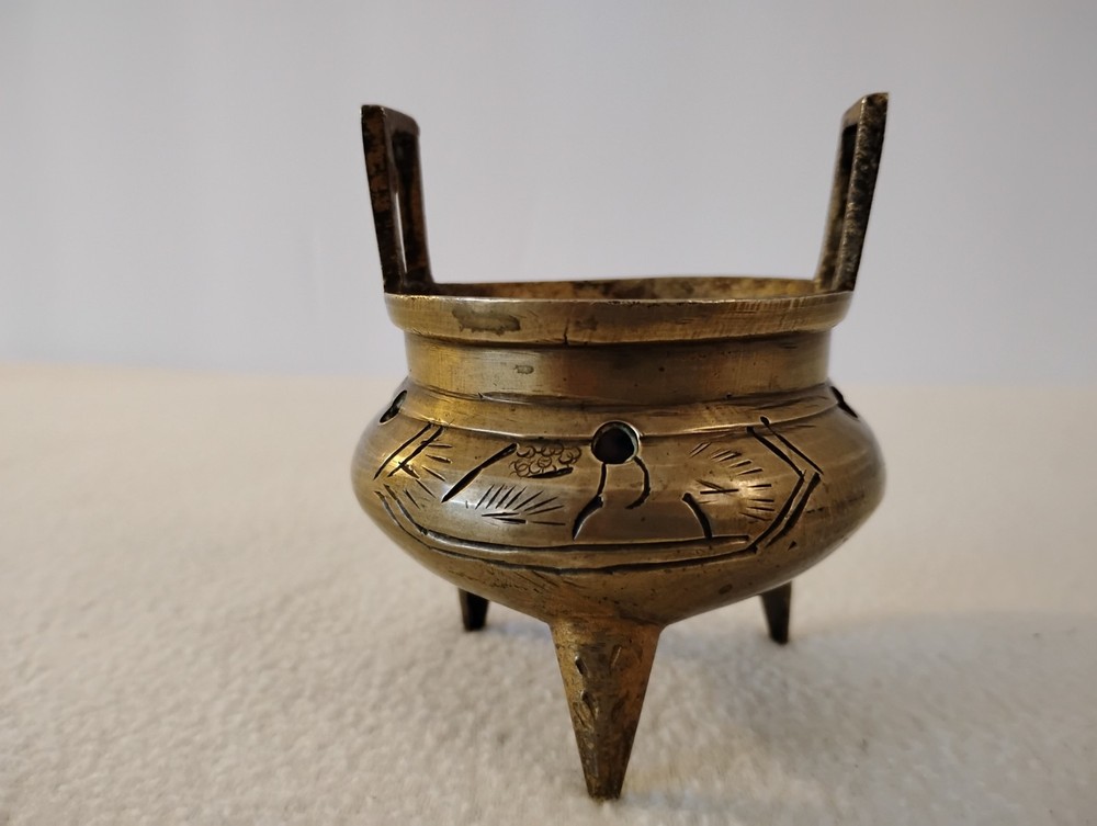Vintage Chinese Double Handle Tripod Brass Incense Burner