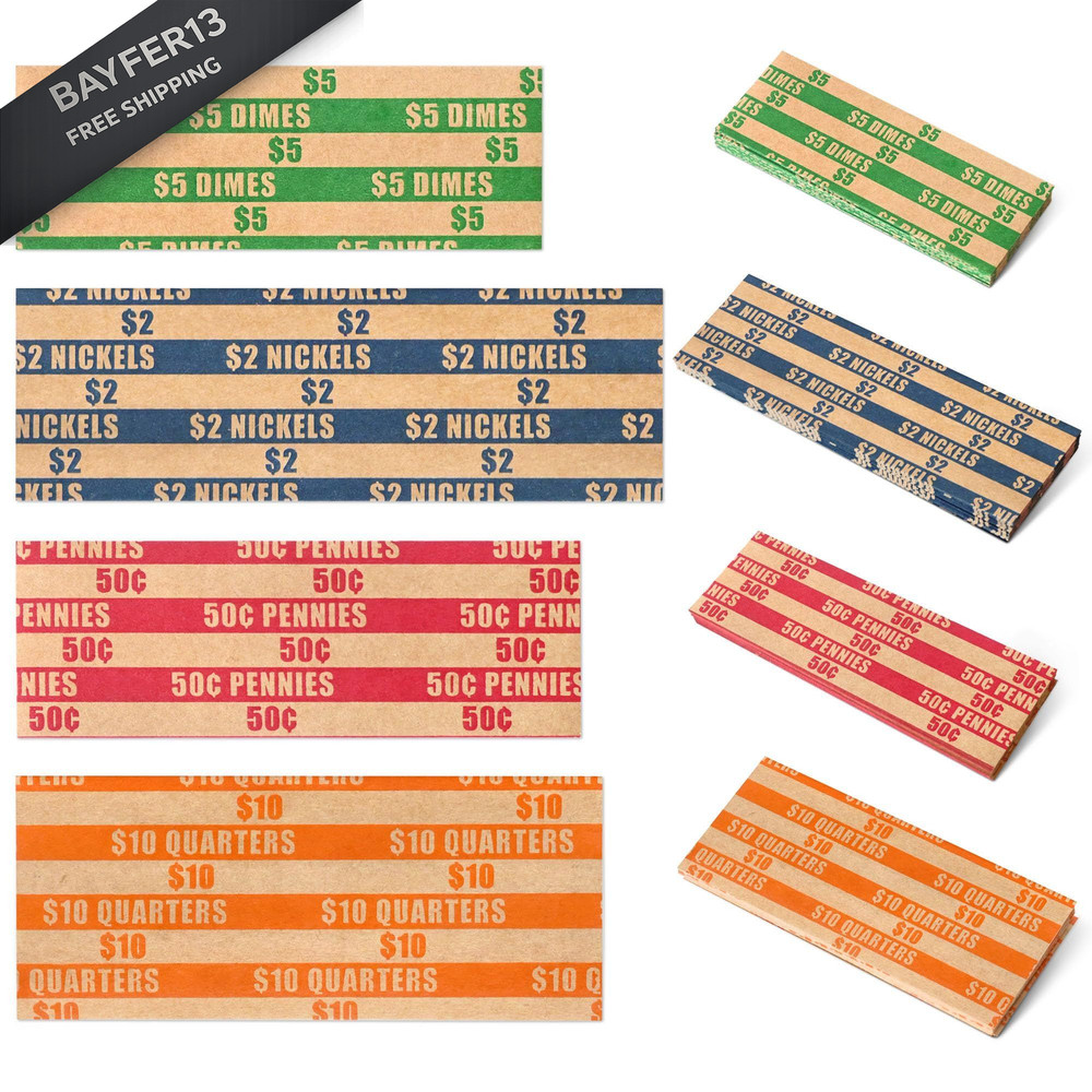 ESSENTIAL 100 pcs Assorted Packed Flat Stripped Coin Wrappers, 100-Assorted