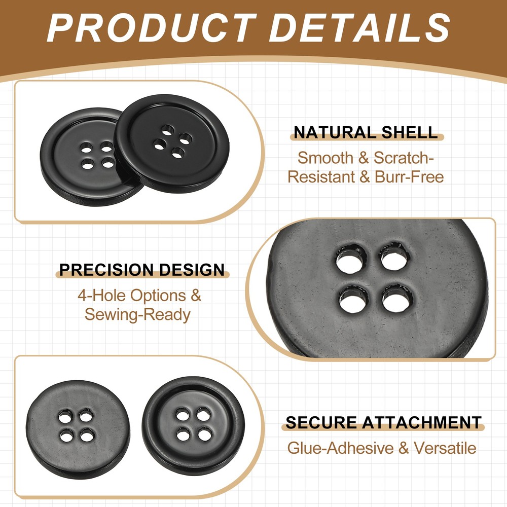 Natural Shell Button 4 Hole Shell Round Sewing Buttons 9 mm & 50 Pack & Black
