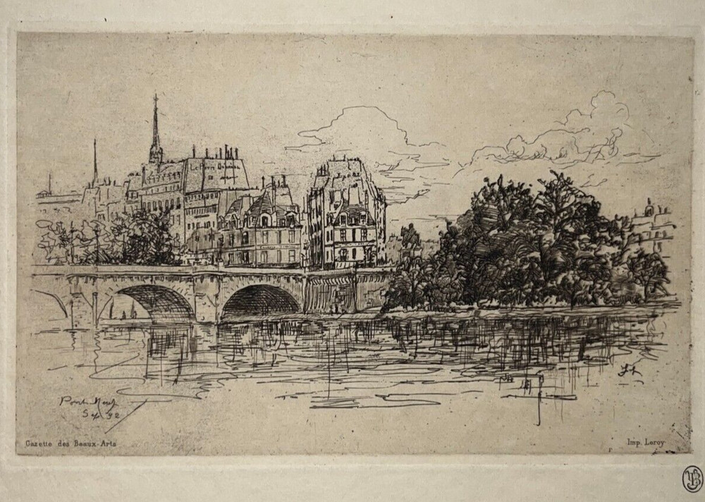 New Bridge ENGRAVING Etching FRANK LAING Paris coll. Beurdeley 19th