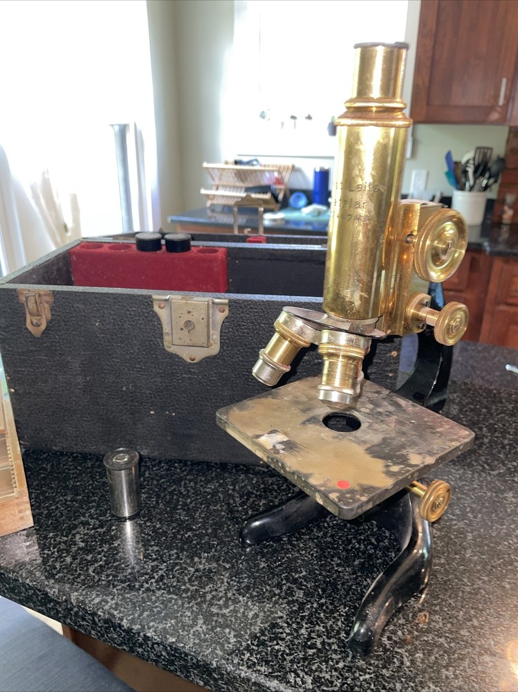 Antique Ernst Leitz Brass Microscope with Case Wetzlar Germany