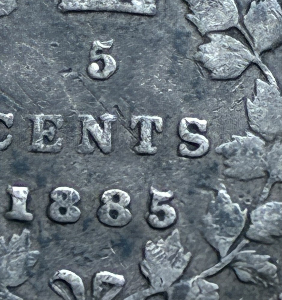 Canada 5 Cent Silver 1885 Small 5 over Large 5, Rare