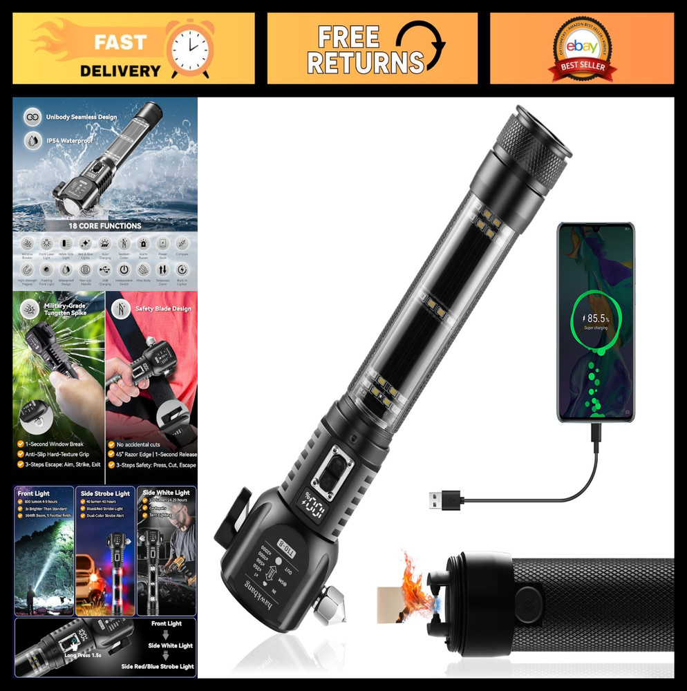 18-in-1 Car Emergency Tool - Solar/USB Flashlight, Safety Hammer, Lighter, Power