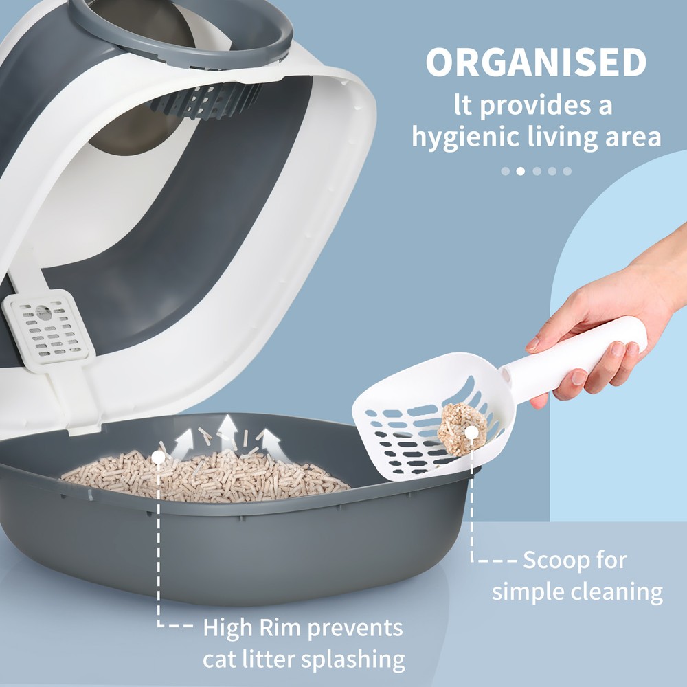 Dome Covered Cat Litter Box with Lid, White, and Gray