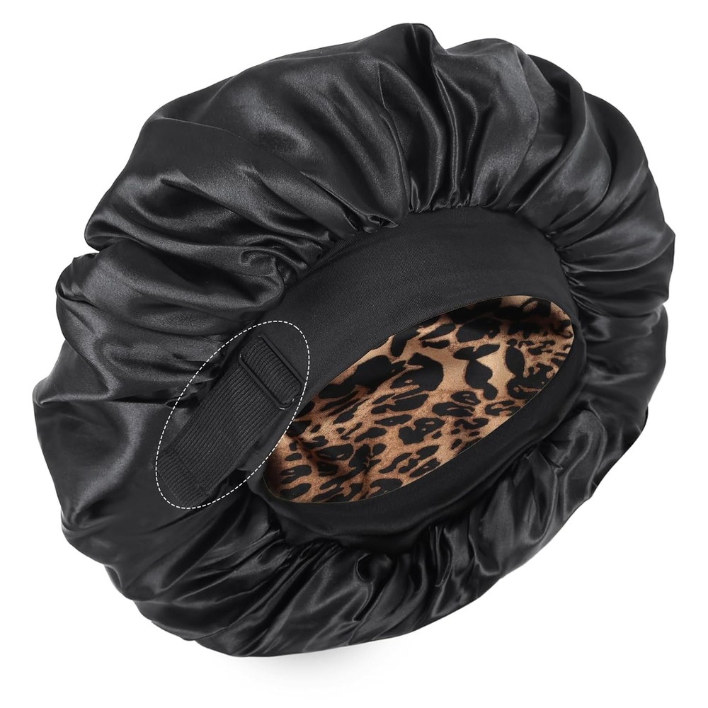 Silk Bonnet for Sleeping Double Layer Satin Adjustable Bonnets Leopard