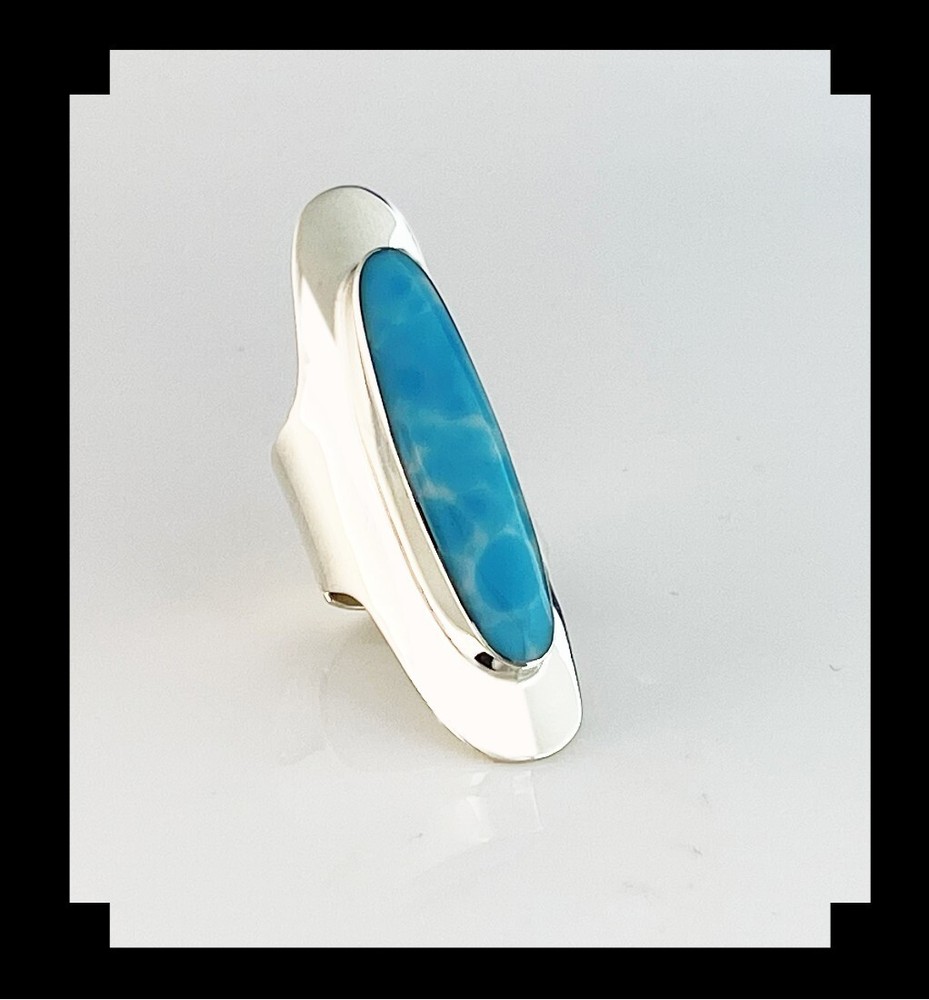 Long Sleek Sterling and Larimar Ring