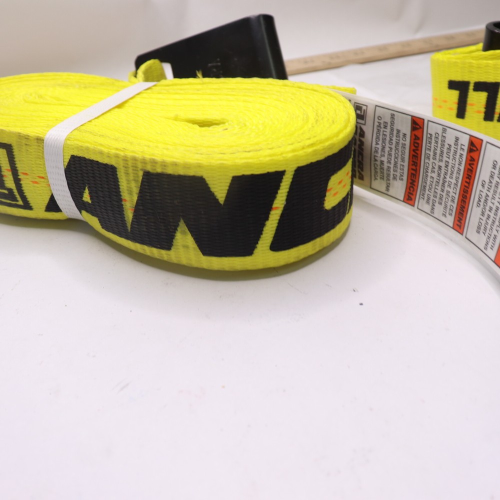Ancra Ratchet Tie Down Strap Yellow Polyester w/ Flat Hooks & Short/Wide Handle
