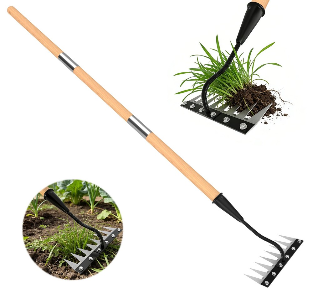 ATLRGISL Iron Weed Rake with Wooden Long Handle 2.0, 8 Teeth Weed Puller Tool...