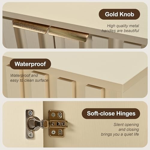 Fluted Sideboard with Storage, Buffet Cabinet Sideboard with 2 Doors Beige