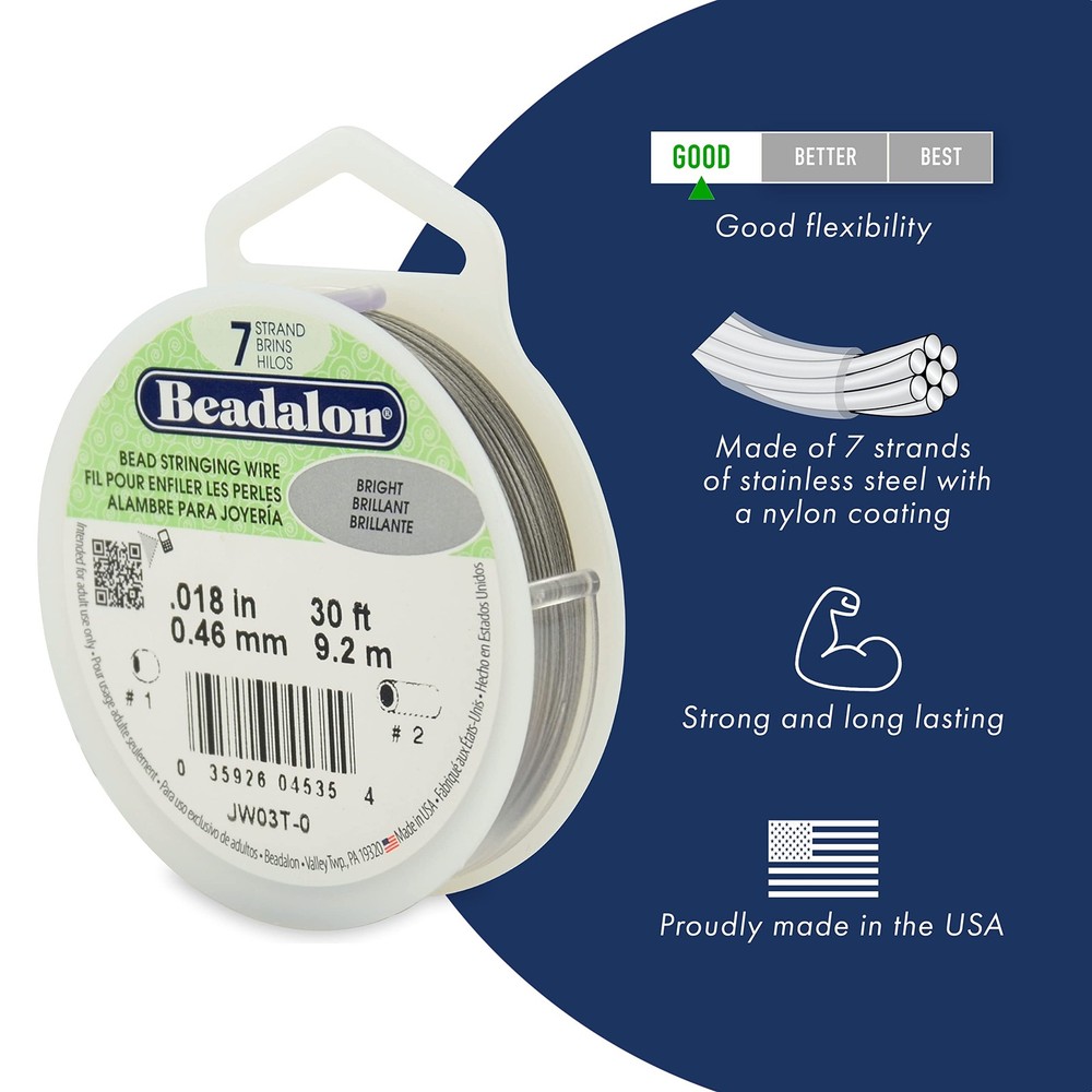 7 Strand Stainless Steel Bead Stringing Wire 0.018 Inch Bright 30 Ft Spool