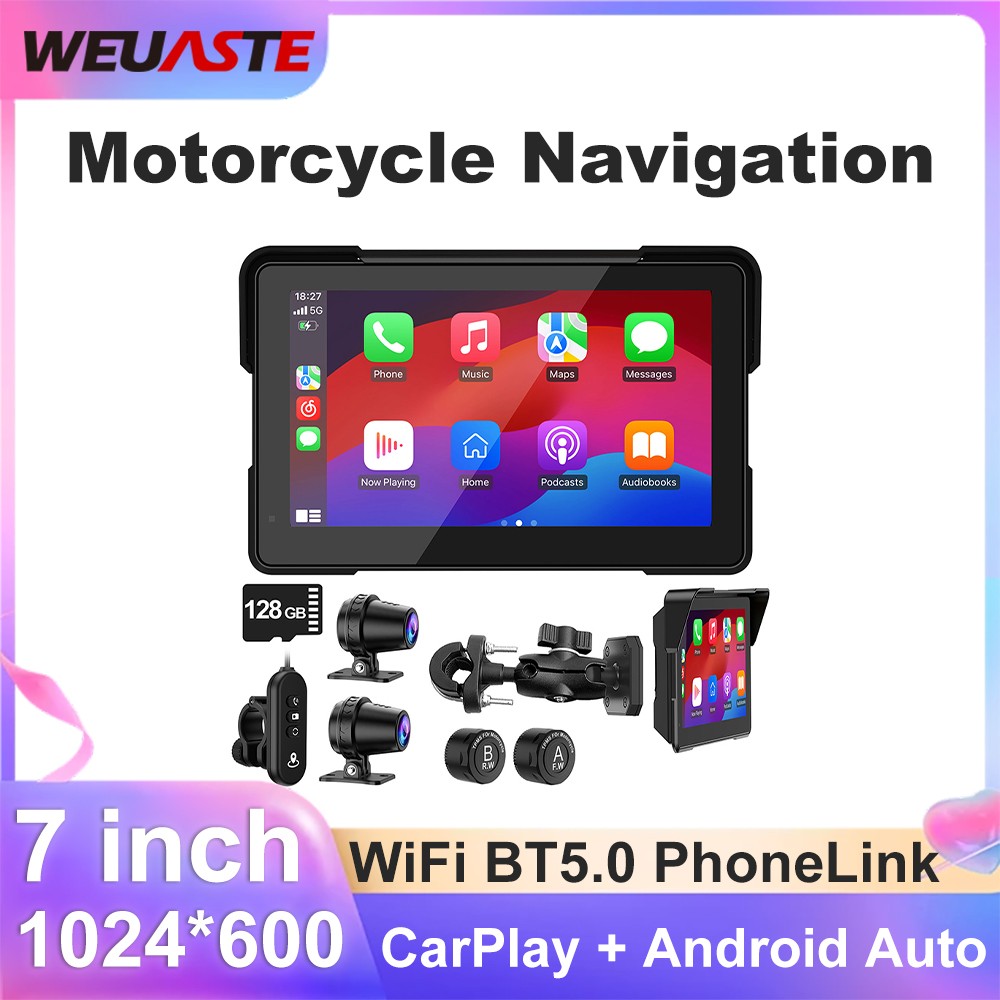 WEUASTE 7" Wireless GPS Motorcycle CarPlay (Includes 128G SD) with Android Auto