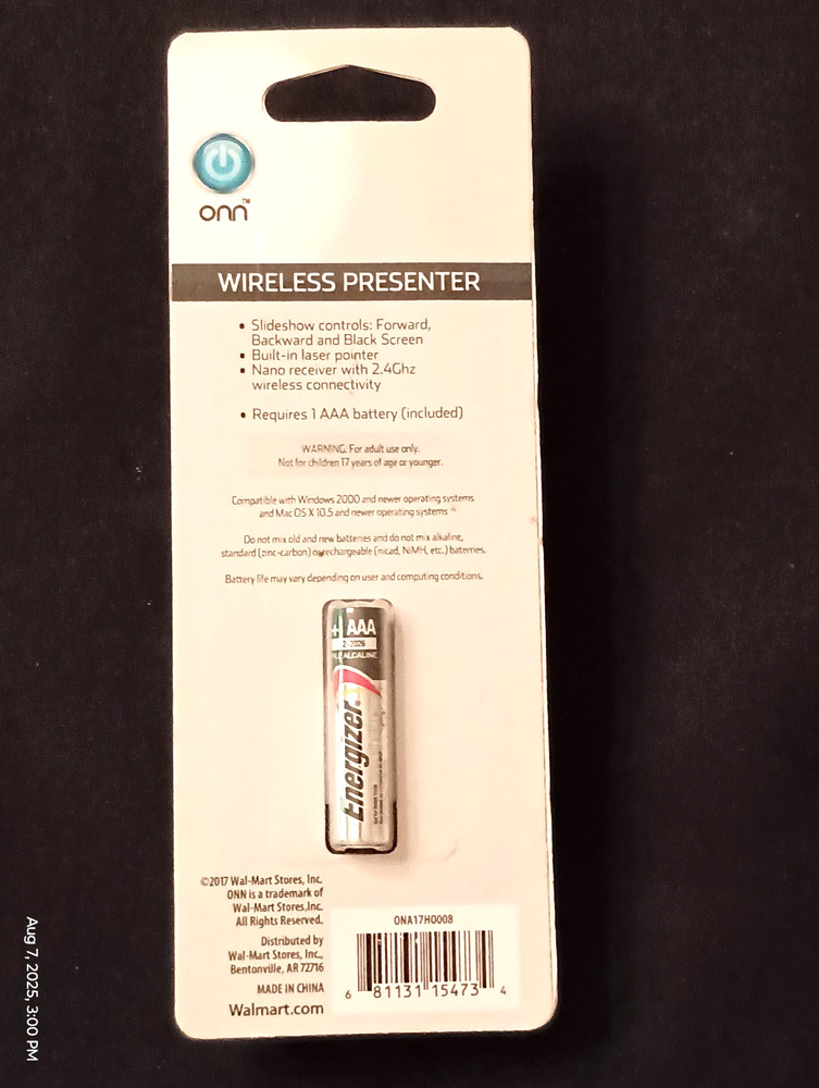 NEW!! ONN Wireless Presenter 75 Ft Range Laser Pointer