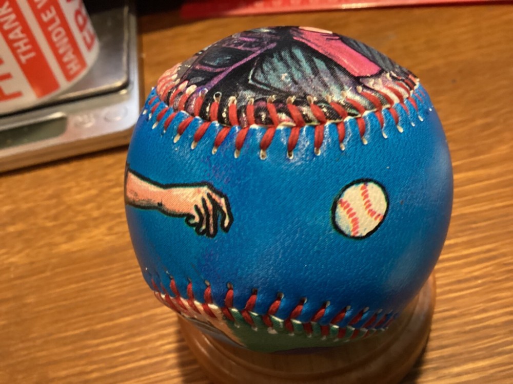 PITCHER AND SLIDING RUNNER PRINTED/PAINTED? ART ON BASEBALL