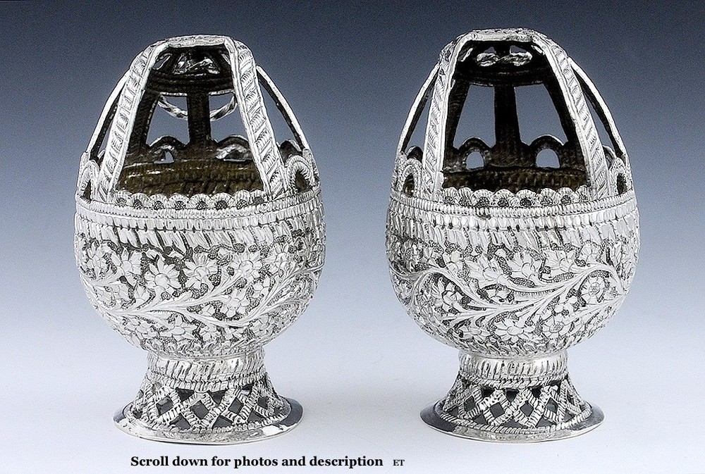 Great Antique Pair Silver Openwork Egg-Form Baskets - India? c1870s