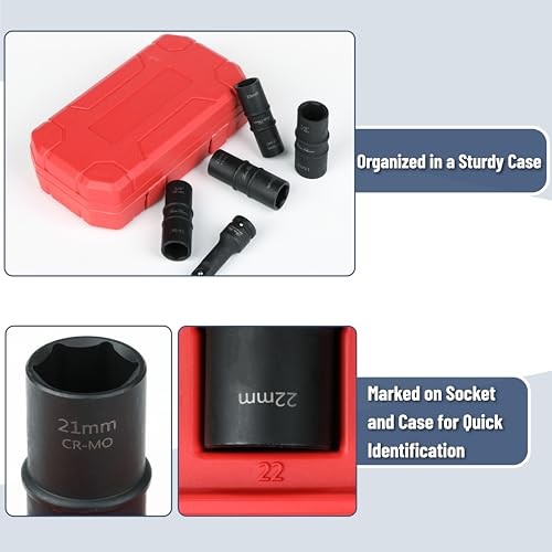 Bates- Lug Nut Impact Socket Set, 5 pcs, Lug Nut Socket Set 1/2 Drive, 21mm