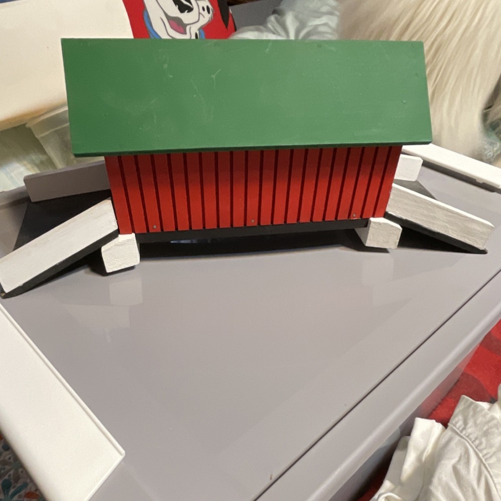 Handpainted Wooden Covered Bridge Model Red Green Decorative