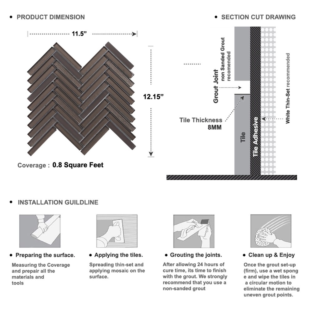 Brown Cold Spray Crystal Glass Herringbone Mosaic Tile Kitchen Wall Backsplash