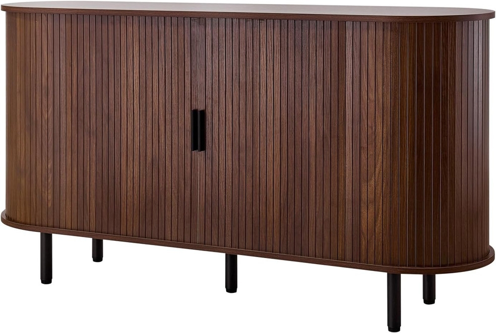 Mid Century Coffee Bar Cabinet with Storage & Sliding Doors, Walnut