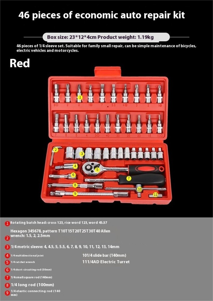 46pcs Hand Tool Set Car Repair Tool Kit 1/4-inch Socket Spanner Screwdriver Set