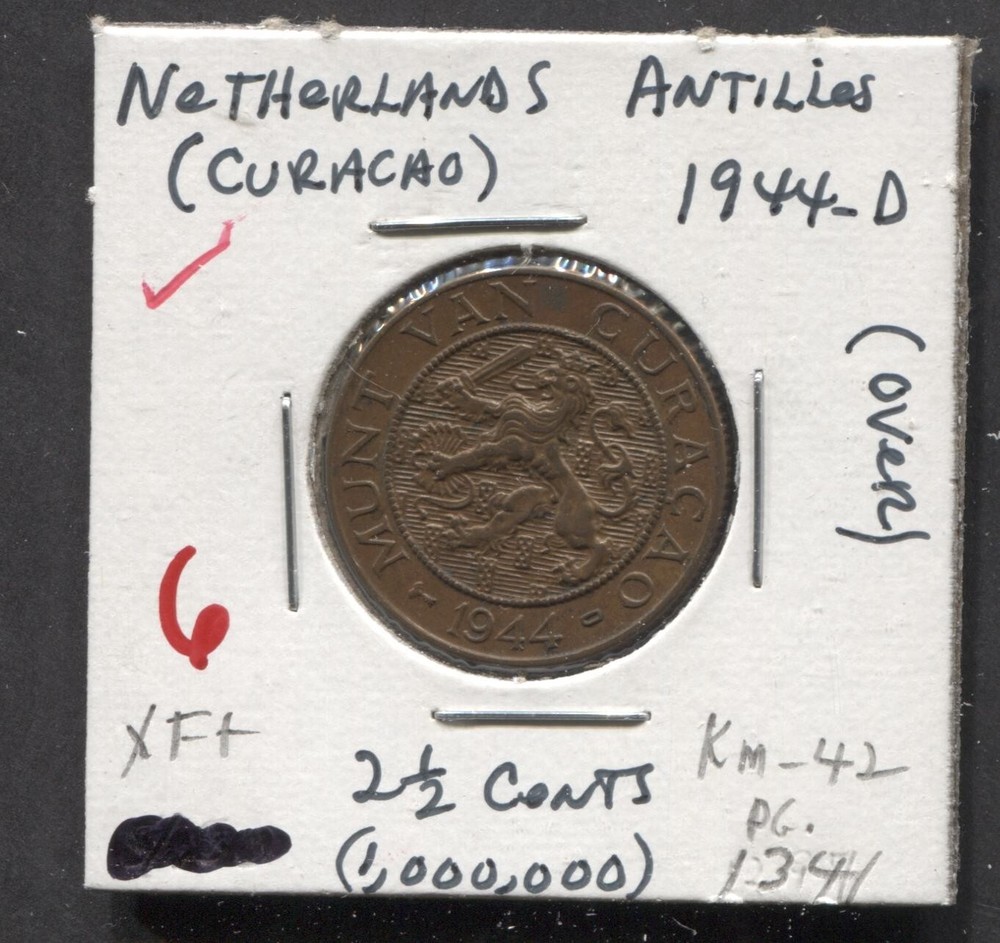 1944-Netherlands-XF+/2 1/2 Cents