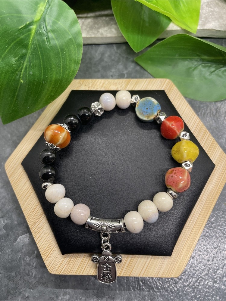 Handmade Ceramic Bead Beaded Stackable 6.5” Plus Stretch Bracelet New B322