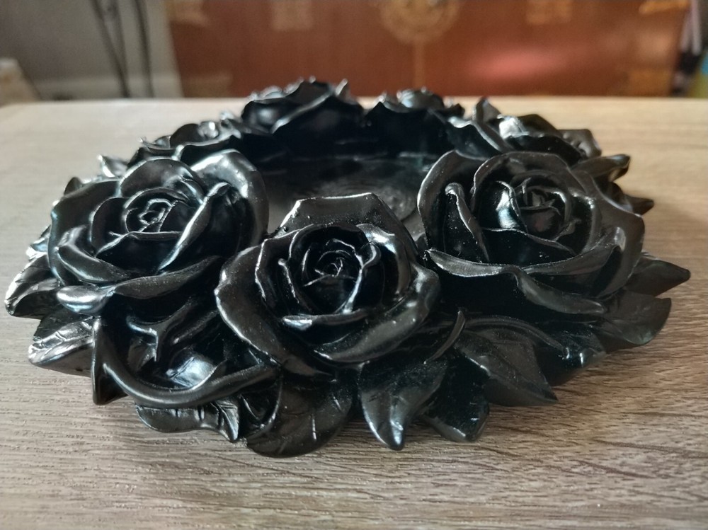RESERVED Solid cast resin painted black roses crystal ball display stand
