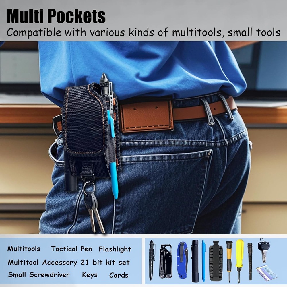 Multitool Holster Sheath with Clip, Small Multi-Pocket Belt Black
