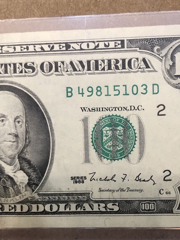 Older 1988 $100 Dollar Offset print Error circulatedNote