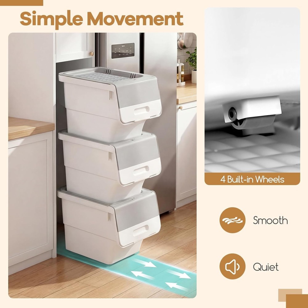 Plastic Stackable Storage Bins W/ Lids & Wheels 3 Pack Open Front Stacking Bins