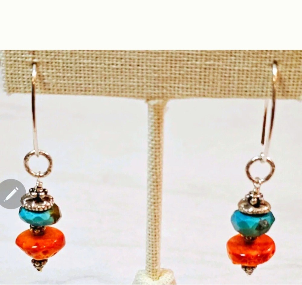 Orange Spiny Oyster & Crysocolla Sterling Artisan Earring