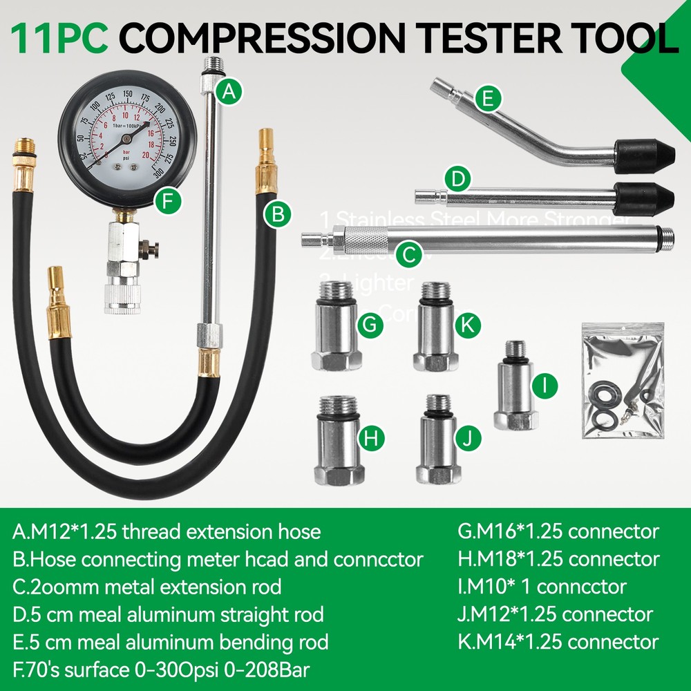 11Pcs Cylinder Compression Gauge Tester Kit Gas Engine Diagnostic Testing Tool
