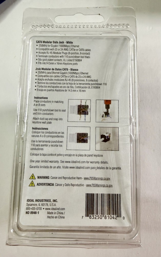 Ideal 89-761WH CAT6 Gigabit Keystone Data Jack White 10 Pack
