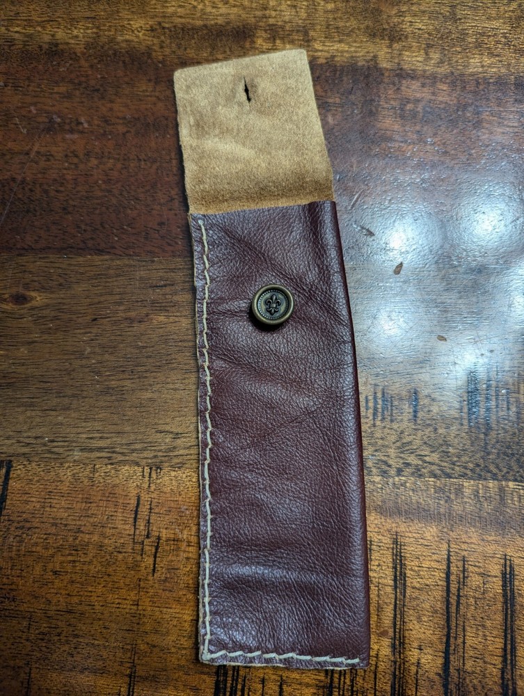 Handmade Brown Thin Leather Pen Bag With Fleur-De-Lis Button