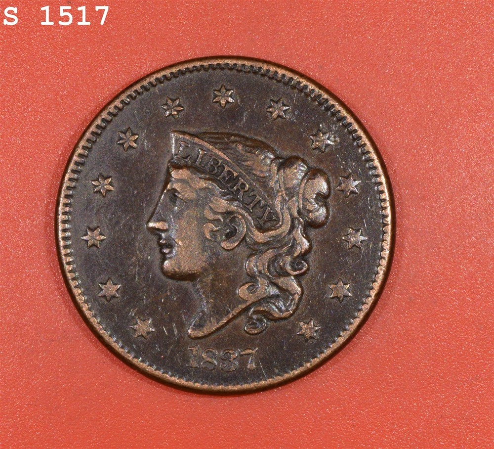 1837 ML. PL .Cord. Coronet Head Large Cent "VF+"