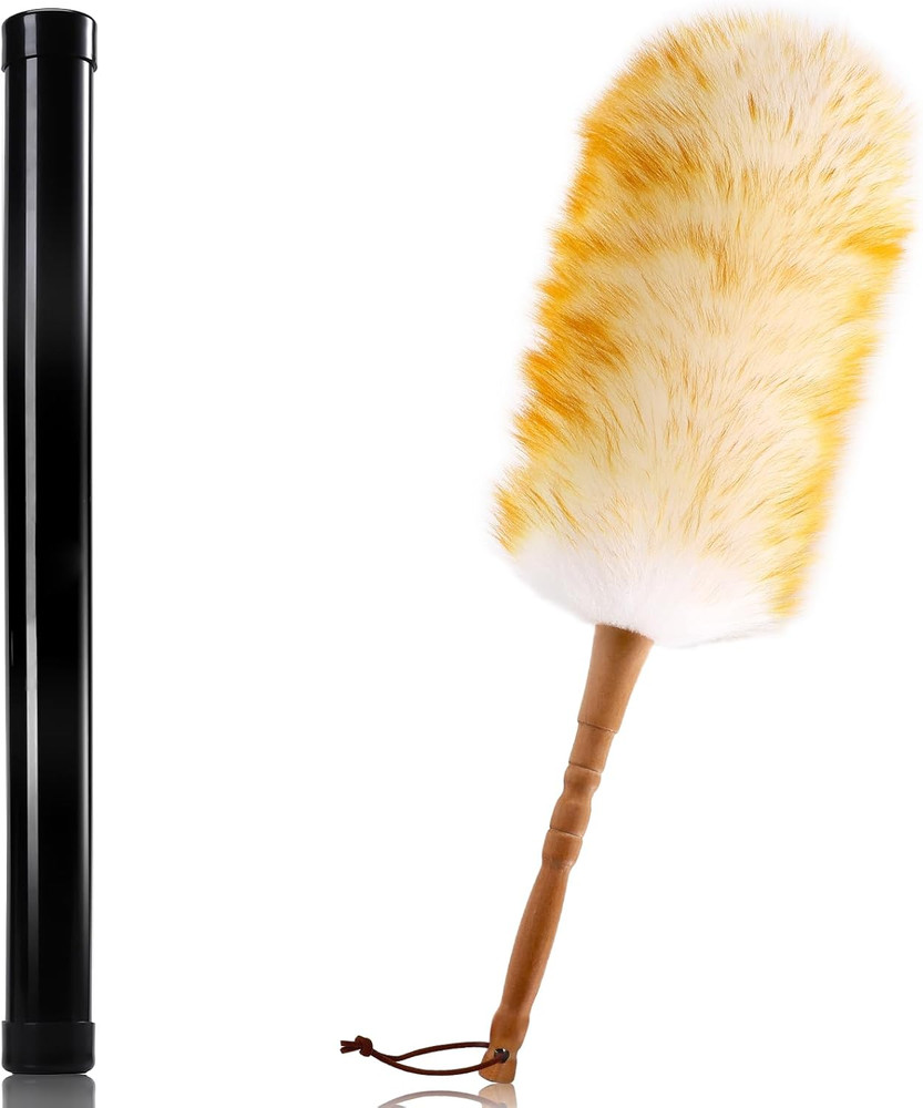 Lambswool Duster with Solid Wooden Handle,Leather Hang Strap,18.9 Inch Long,Natu
