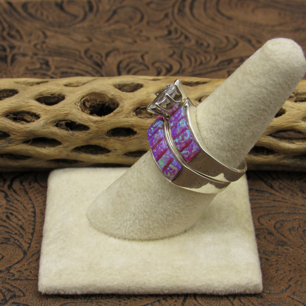 *Sterling Silver Purple Lab Opal Wedding Ring Set Size 8 1/2