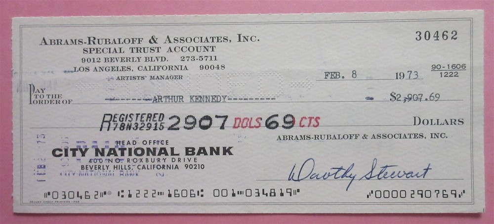Arthur Kennedy Endorsed Signed Check - Beckett BAS