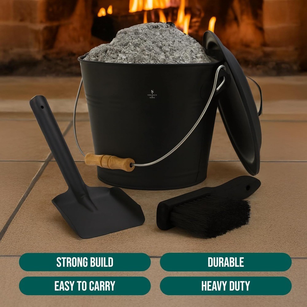 Galvanized Iron Ash Bucket with Lid Complete Fireplace Tools Set Includes Pail