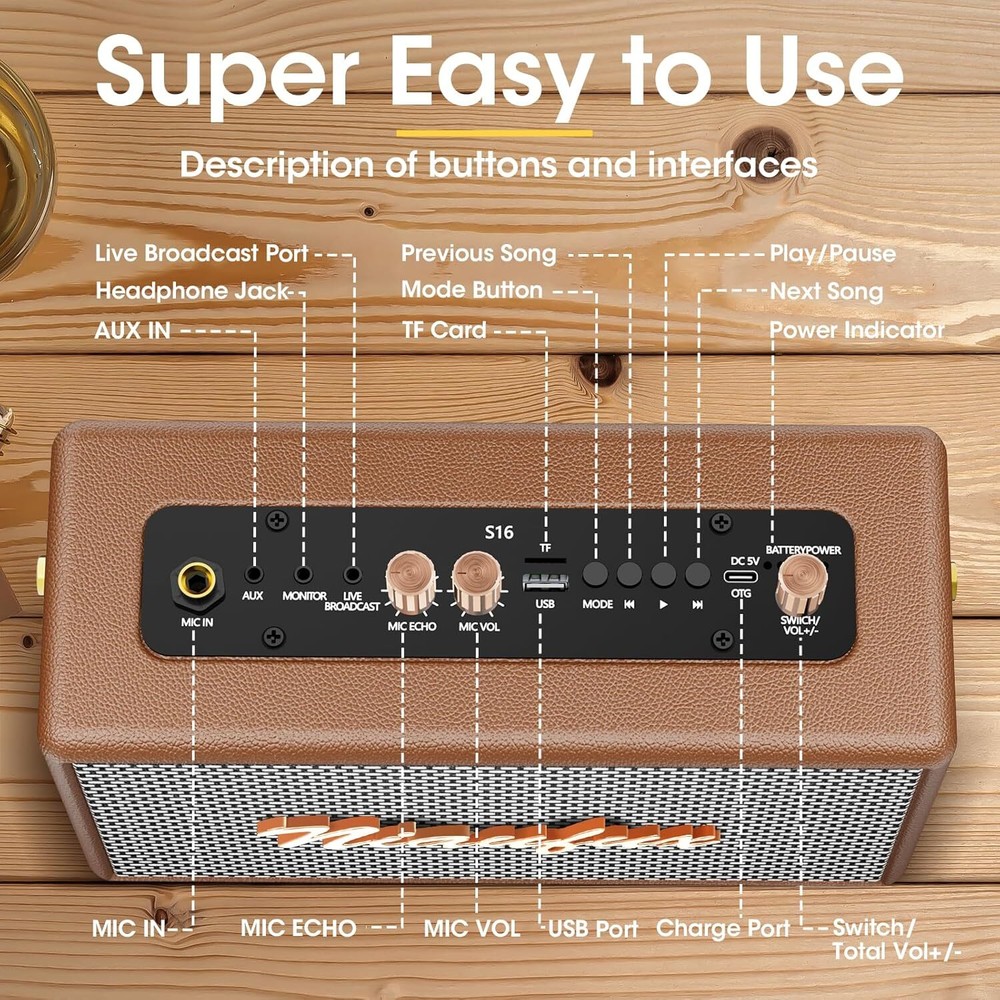 Retro Karaoke Machine - Two Wireless Microphones Portable Bluetooth Rechargeable