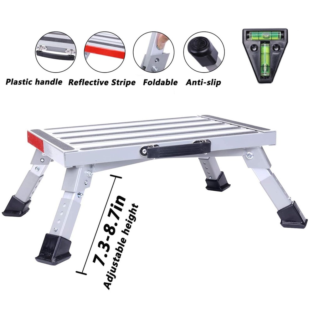 Adjustable Aluminum RV Step Stool - Folding Platform Non-Slip 1000lbs