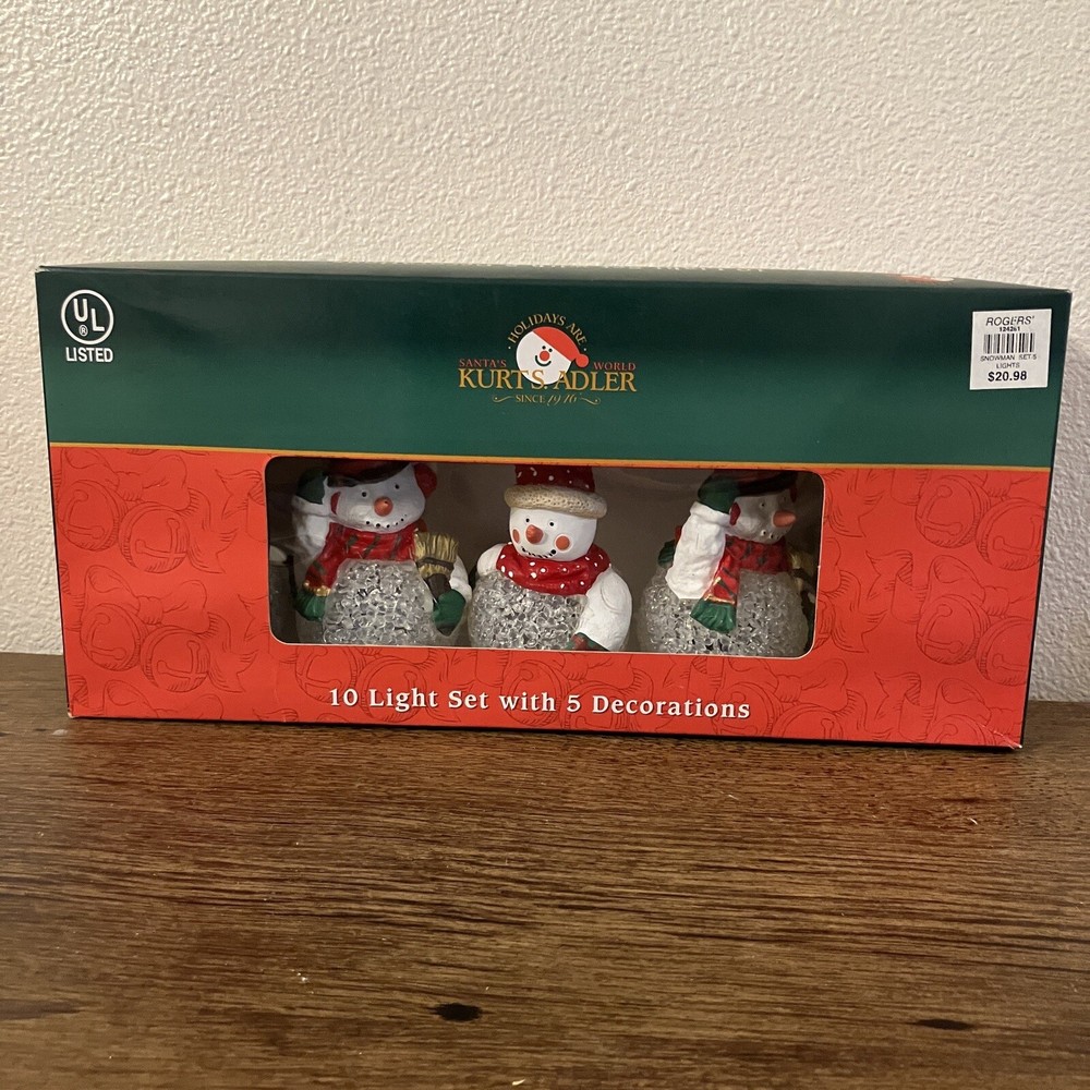Kurt S Adler 10 Light Set with 5 Melted Plastic Popcorn Snowman String Light Box