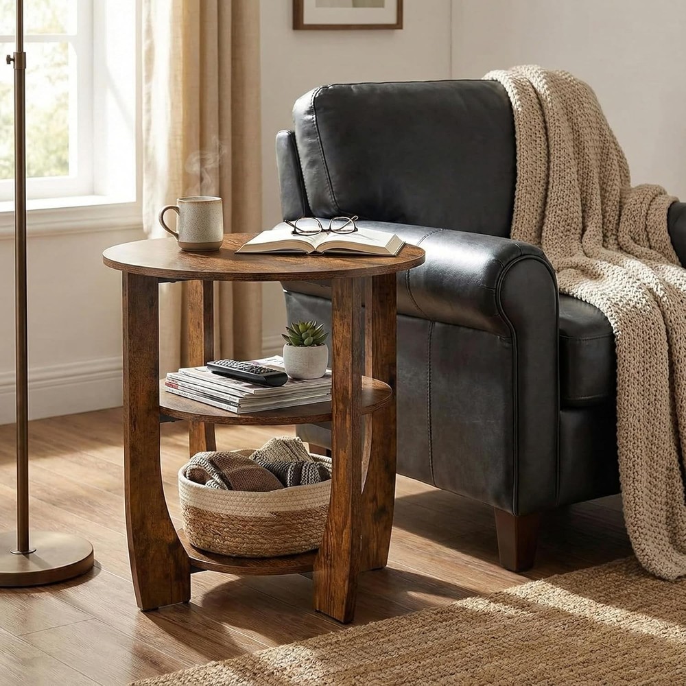 NEW Round Side Table, 3-Tier End Table with Storage, 19.7?? Rustic Brown Accent