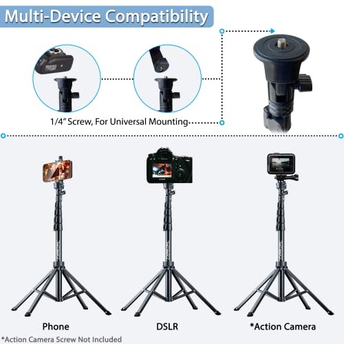62" Professional Selfie Stick Tripod, Stable 4 Leg Design, Bluetooth Quadrapod