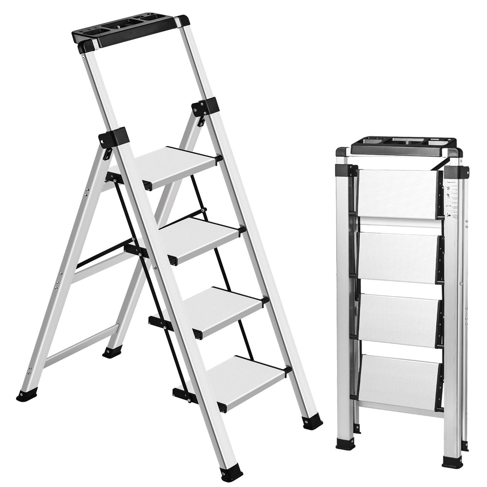 XinSunho 4 Step Ladder, Retractable Handgrip Folding 4 step, Silver