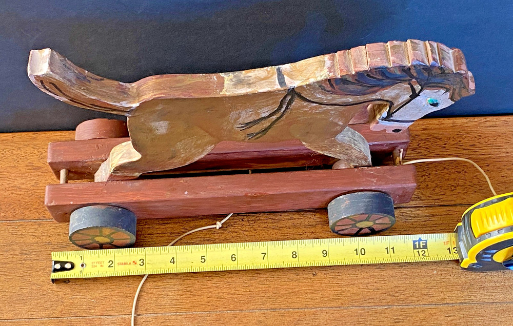 Antique Wooden Horse Pull Toy On Wheels - W/ Pull String & Manually Bucks Up
