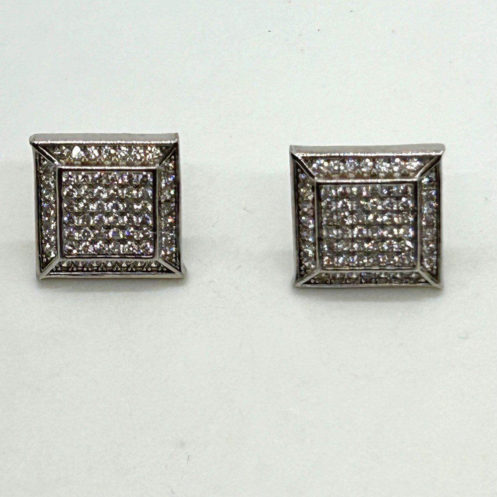 Sterling Silver Square CZ Stud Earrings Iced Out Hip Hop READ Backs Missing