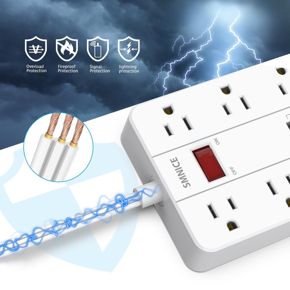 SMNICE Power Strip with USB,Surge Protector Flat Plug 8 5FT, White