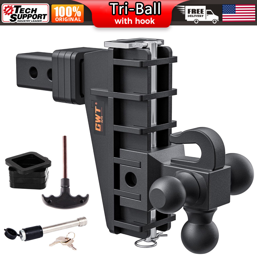 Trailer Hitch 2.5'' Receiver w/Hook 6'' Drop Hitch 18500LBS Tri-Ball Adjustable